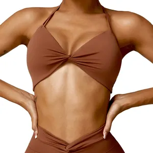 Sujetador deportivo con cuello Halter ajustable frontal con nudo torcido espalda abierta a prueba de golpes ligero cómodo para mujer personalizado