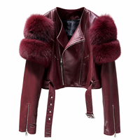 Nouvelle veste en cuir courte noire pour femmes, style streetwear, en cuir d'agneau véritable avec fourrure de renard véritable