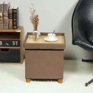 Bailey New Design Folding Storage Ottoman With Wooden Legs Foldable Footstool Brown Storage Modern Ottoman Coffee Table