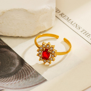 <b>Open</b> <b>Ring</b> Flower Shape 18k Gold Plated Red Zircon Pave Setting Unisex Jewelry Gift - Product Image 3