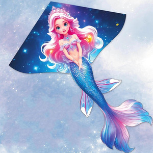 Aquilone a forma di principessa sirena con lungo striscione, motivi a sirena multicolore, giocattolo volante da esterno per bambine - Product Image 1