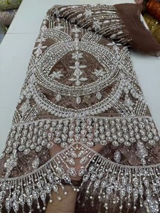 Tessuto in Pizzo Africano di Alta Qualità con Perle e Paillettes, Motivo a Coda di Fenice, 5 Iarde, per Matrimoni e Feste Aso Ebi - Product Image 2