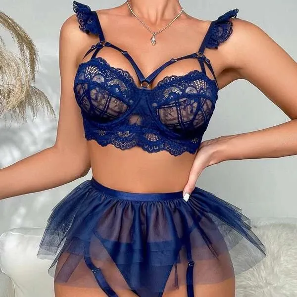 Penjualan Terbaik 3 buah warna Solid renda Garter pakaian dalam seksi suspender wanita Set Lingerie seksi