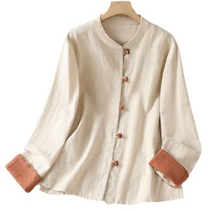 Chinese Style Color Blocked Button Down Long Sleeve Shirt <b>Women</b> Cotton <b>Linen</b> Top Spring Autumn <b>Cardigan</b> Jacket Orange Brown - Product Image 5