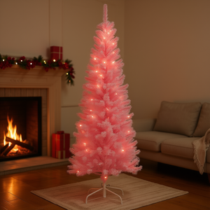 Árbol de Navidad Artificial Rosa Delgado Tipo Lápiz de 1.8 m de Altura, Nevado, Sin Luces, Decorativo para Interiores, Forma de Pino, de Plástico - Product Image 2