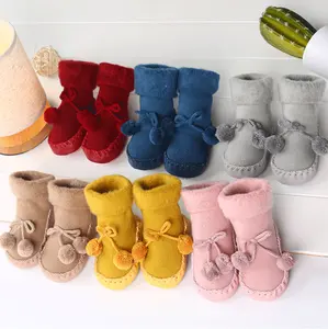 Wholesale 6colors fluffy fuzzy thick warm floor home Pompom Sweet Knit Slipper with rubber Soles Non Slip Baby Shoe Socks