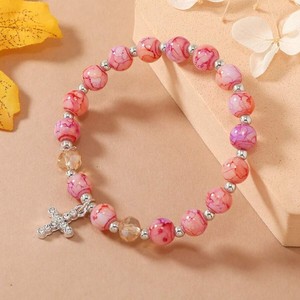 Braccialetto con Ciondolo a Croce di Diamanti, Gioiello Religioso Cristiano con Perline Colorate in Pietra Naturale, Elastico Unisex, Regalo - Product Image 3