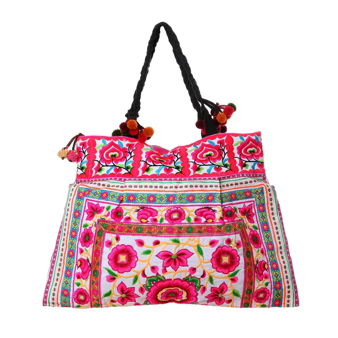 Flower Multi Bird Hmong Tribes Embroidered Bohemian Beach Tote Bag for Women Boho Hippie Tote Bag