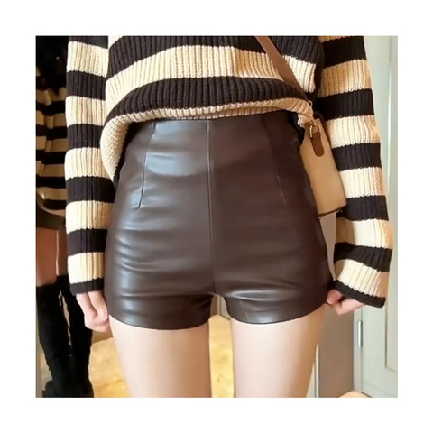 3624 Ladies Stylish Sexy Leather Shorts Solid Color Casual Tight Genuine Leather Shorts Women