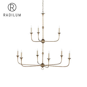 Lámpara de Araña Americana Vintage, Decoración de Lujo para Vestíbulo de <span class=keywords><strong>Hotel</strong></span>, Latón Antiguo, 2 Niveles, 12 Luces, Lámpara de Hierro, Cecil Grande - Product Image 1