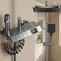 Ensemble de douche mural complet de luxe en aluminium spatial avec clavier de piano, affichage numérique, bande lumineuse LED et douche pluie thermostatique