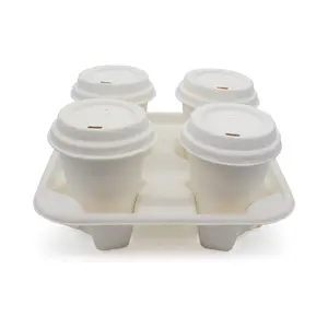 Customized Cup Carrier Sugar Cane Biodegradable Sugarcane Bagasse Four Coffee Cups Holder Cup Tray