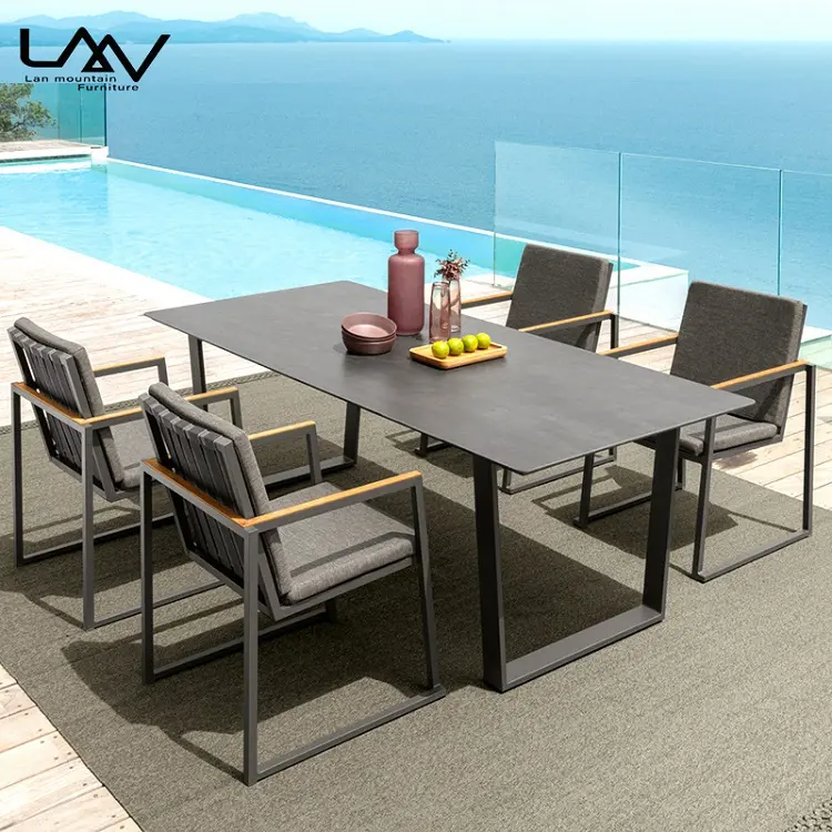 Table et chaise de salle à manger de patio de loisirs modernes cadre en aluminium de jardin extérieur table et chaise de salle à manger en ardoise ensemble de meubles