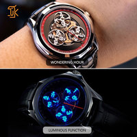 Montre personnalisée OEM avec logo, mouvement mécanique automatique à heures sauteuses, affichage satellite, bracelet en cuir en acier inoxydable 316L