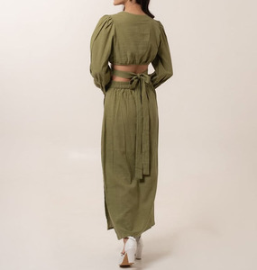 Set Estivo da Donna in <span class=keywords><strong>Lino</strong></span> Marrone, 2 Pezzi, <span class=keywords><strong>Camicia</strong></span> a Maniche Lunghe e Gonna Lunga a Vita Alta, OEM - Product Image 4