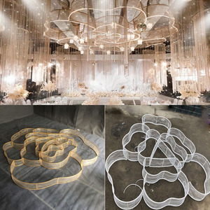 Grandi colonne in ferro, decorazioni aeree a forma di fiore di garza oggetti di scena di nozze lampade a <span class=keywords><strong>soffitto</strong></span> per la sala e decorazioni per eventi - Product Image 4