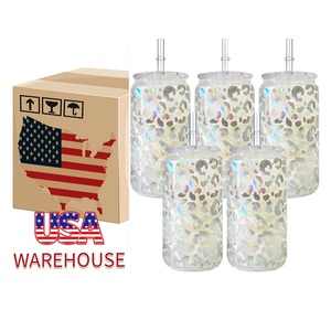 USA Warehouse Lot de 50 <span class=keywords><strong>verres</strong></span> <span class=keywords><strong>à</strong></span> <span class=keywords><strong>bière</strong></span> en verre imprimé léopard de 16oz avec couvercles Tasse <span class=keywords><strong>à</strong></span> café avec Straw-16BW002 en plastique transparent - Product Image 1