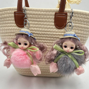Encantador Llavero para Coche con Muñeca de Ojos Grandes de Peluche y Lazo de Tulipán, con Pompón de Piel de Zorro Auténtica, Adorno para Bolso, Regalo para Niñas, Mini Adorno de Moda - Product Image 1
