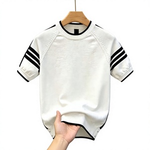 Men's White <b>Raglan</b> Sleeve Knitted T-Shirt O-Neck Contrast Trim Regular Fit Casual Short Sleeve Polyester/Cotton 180g - Product Image 2
