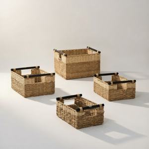 Lot de 3 paniers rectangulaires en jonc de mer avec poignées en boucle, style vintage, écologiques, accents noirs, multi-usages pour jardin intérieur - Product Image 1