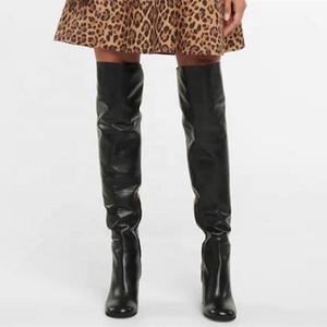 Casual Soft Leather Upper Round Toe Over Knee Boots Fashion <b>Shoes</b> Big Size 46 Zipper High Chunky Heel - Product Image 6
