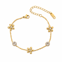 PVD Gold Plated Rolo Chain Women Bracelet, 5-Petal Flower & Hollow Ring CZ Charms Daily Elegant Wrist Jewelry Bulk Wholesale