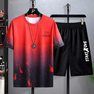 Trajes <span class=keywords><strong>para</strong></span> hombre, moda de verano, poliéster, fino, informal, transpirable, camiseta deportiva estampada de manga corta + pantalones cortos, conjunto de baloncesto - Product Image 1