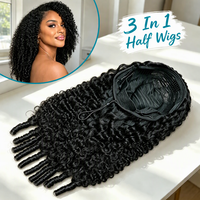 Perruque mi-tête sans colle en cheveux humains bouclés birmans de 30 pouces, style crépu bouclé 3-en-1, avec bonnet respirant et cordon de serrage, sans couture, à porter en deux sens