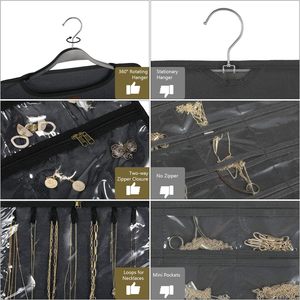 Organisateur de bijoux suspendu en toile double face avec poches zippées pour colliers, boucles d'oreilles, rangement pour femmes - Product Image 4