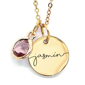 Collier pendentif rond plaqué or Qingqian avec pierre de naissance et gravure de nom pour femme, à porter au quotidien - Product Image 3