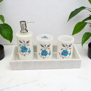 Juego de artículos de tocador de mármol blanco de 4 piezas hechos a mano de lujo con exquisitas incrustaciones de flores, elegante accesorio de baño de piedra Natural - Product Image 4