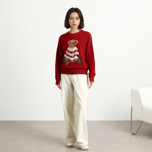 Áo len dệt kim jacquard hình gấu nữ 100% len, cổ tròn, hàng dệt kim tùy chỉnh, áo mùa đông dành cho nữ - Product Image 5