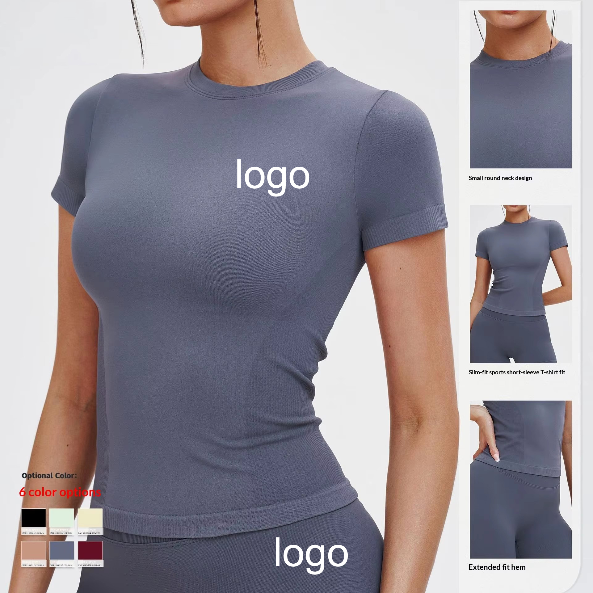 Women's Seamless Cross-Border Yoga Short-Sleeve Crew-Neck Spandex/Nylon Comfortable Athletic Tight-Fit T-Shirt Outdoor Top