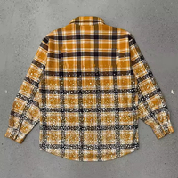 Kemeja Pria Oversize Kasual Distressed Vintage Acid Wash Plaid Kancing 100% Katun Berhias Rhinestone Flanel Lengan Panjang