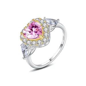 Fine Jewelry 925 Sterling Silver Heart Shaped Pink Gemstone Diamond Exquisite Zircon Rhinestone Ring for Women