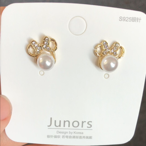 2025 alta calidad coreana nueva plata Post moda Bling diamante arco pendientes lindo perla dibujos animados ratón Stud pendientes para niñas - Product Image 3