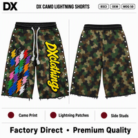 Shorts personnalisés camouflage woodland multicolore avec patch éclair et clous latéraux, en coton épais 300 g/m², ourlet brut et cordon de serrage, pour fabricants de marques