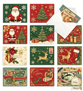 Cartes de Noël plates vintage européennes de <span class=keywords><strong>Paris</strong></span>, sans enveloppes, style rétro, avec Père Noël, sapin de Noël, rennes, Tour Eiffel, boîte cadeau - Product Image 1
