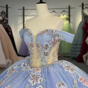 For 1343 Elegant Blue Illusion Flower Pearls <b>Quinceanera</b> 15 Xv Anos Floor-Length Ball Natural Crystal Beading Appliques - Product Image 5