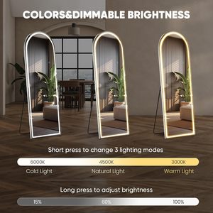 <span class=keywords><strong>Miroir</strong></span> arqué moderne en aluminium pleine longueur avec éclairage LED 63"L x 20"W, sur pied/mural, 3 couleurs <span class=keywords><strong>de</strong></span> lumière, pour chambre à coucher et dressing - Product Image 2