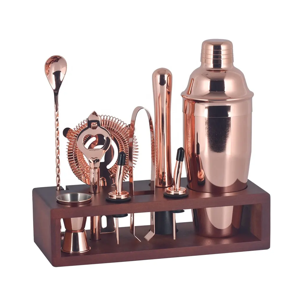 Barware Set Công cụ cocteleras edelstahl Shaker bartender Kit Bar Shaker phụ kiện, Vàng Cocktail Shakers Set với tre đứng