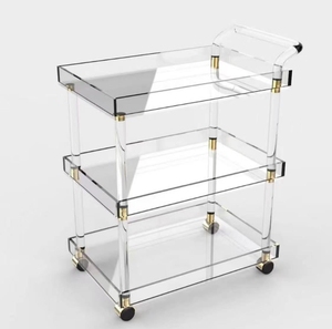 투명 아크릴 3 단 바 카트 쉬운 조립 호텔 가구 롤링 주방 음식 서빙 트롤리 카트 - Product Image 3