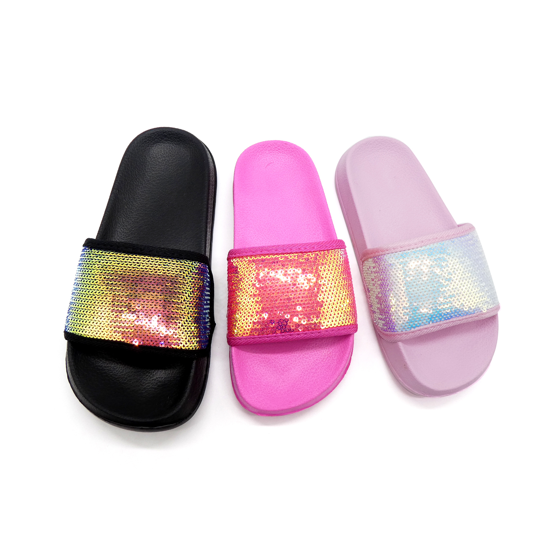 OEM printing open toe sandals kid's shoes shinning sequins sliders rubber slippers