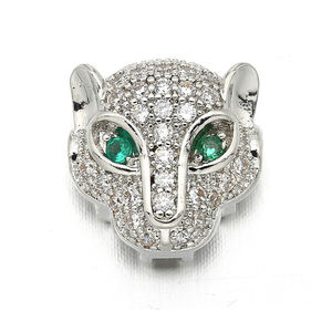 Perla in Ottone con Micro Pavé di Zirconia Cubica, Testa di Leopardo con Occhio Verde in CZ, per Creazione di Gioielli e Bracciali - Product Image 4