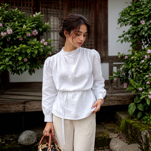 Ensemble deux pièces bohème vintage pour femme, blanc, épaules dénudées, sans manches, tissé, écoresponsable, avec pantalon large en lin beige - Product Image 1