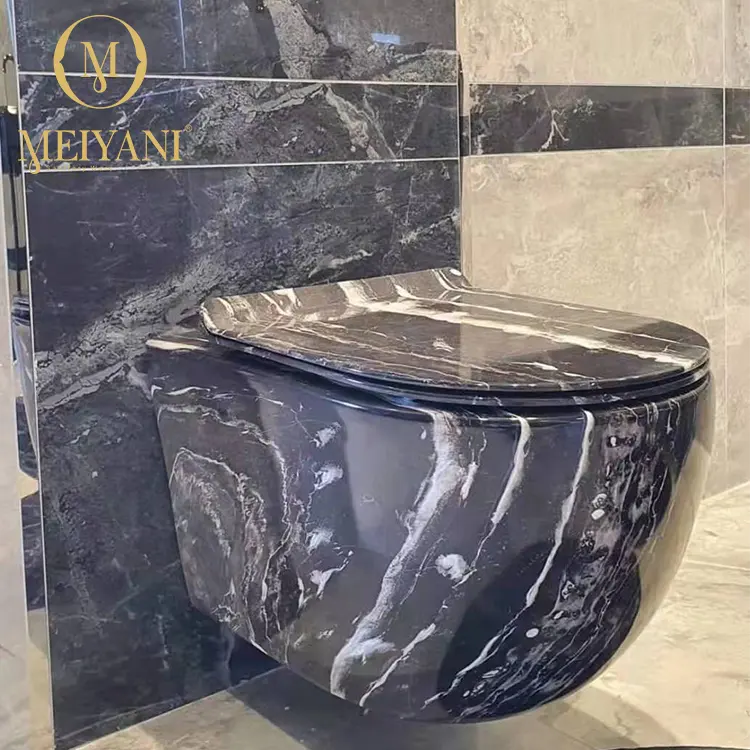 MEIYANI Stone Marble Design Rimless Flushing Back To Wall Toilet P-trap Round Shape Matt Water Closet