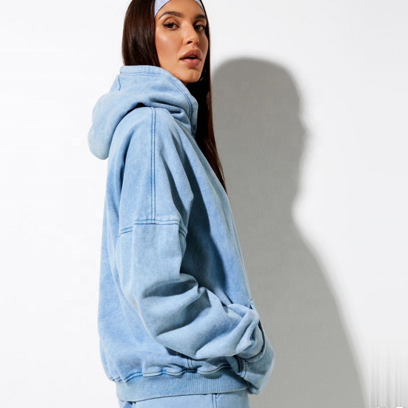 Hot New Design OEM Navy Blue Acid Wash Hoodie Pant Set Women