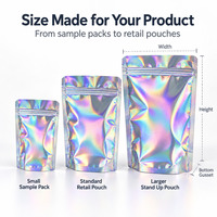 Sacs biodégradables holographiques à soufflets latéraux PET+VMPET+PE, pochettes verticales refermables avec fermeture éclair et encoche de déchirement, emballage alimentaire anti-odeur pour le lait