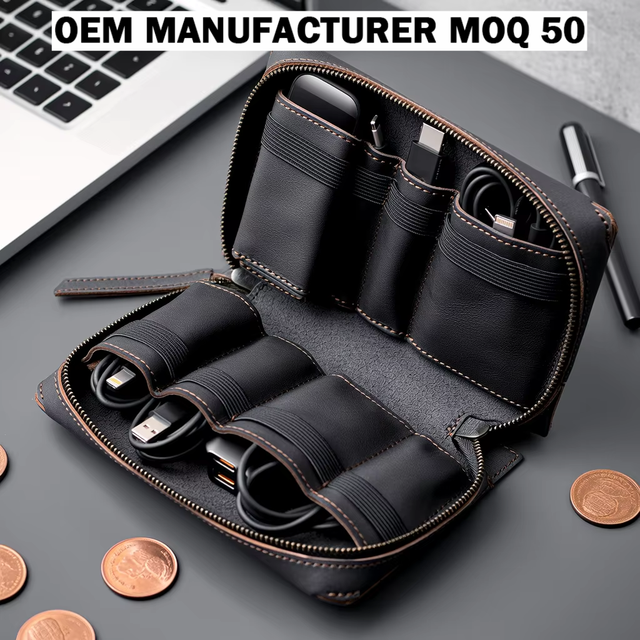 Manufacturer Waterproof Pu Leather Travel Organizer Custom Business Portfolio Cord Holder Cable Storage Bag