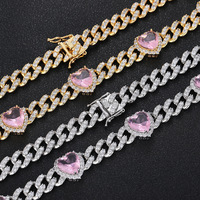 Hip Hop 10mm Zircon Chaîne Cubaine Ouvert Chrome Rose Coeurs En Forme De Collier De Mode Bijoux Colliers En Gros Colliers pour Femmes